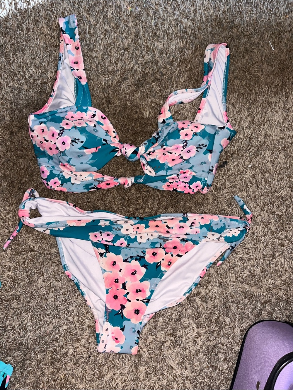 Teal Floral Tie-Front Bikini Set size Large
